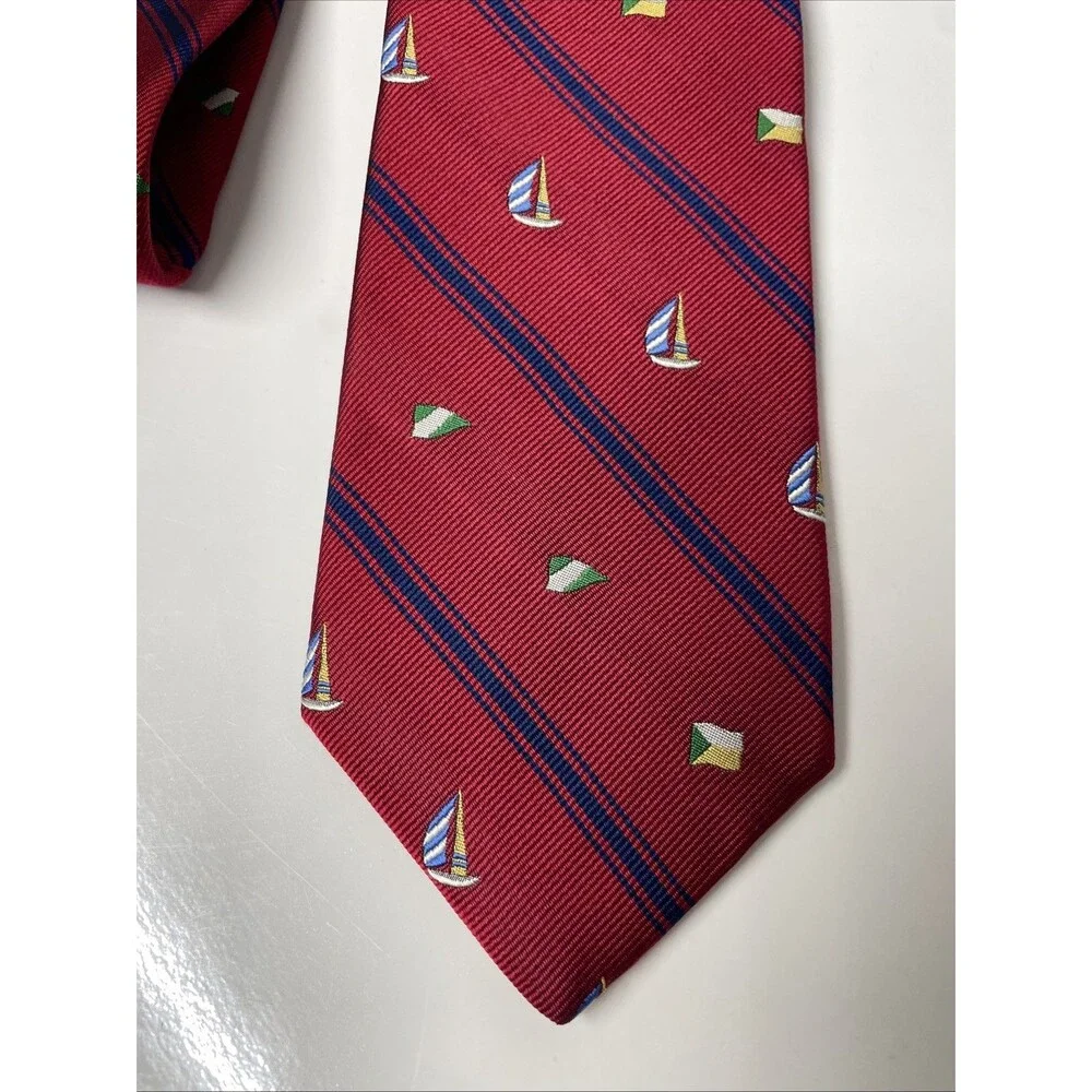 Vintage J.Crew Tie Red Blue Stripe Sailboat Pattern 100% Silk Made in USA